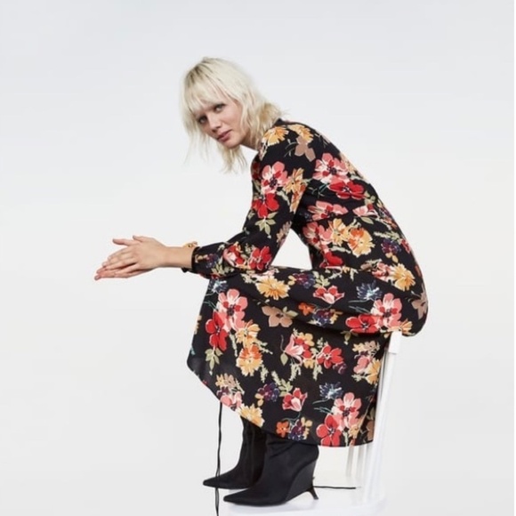 ZARA Floral Velvet Trim Midi Dress - Picture 3 of 7